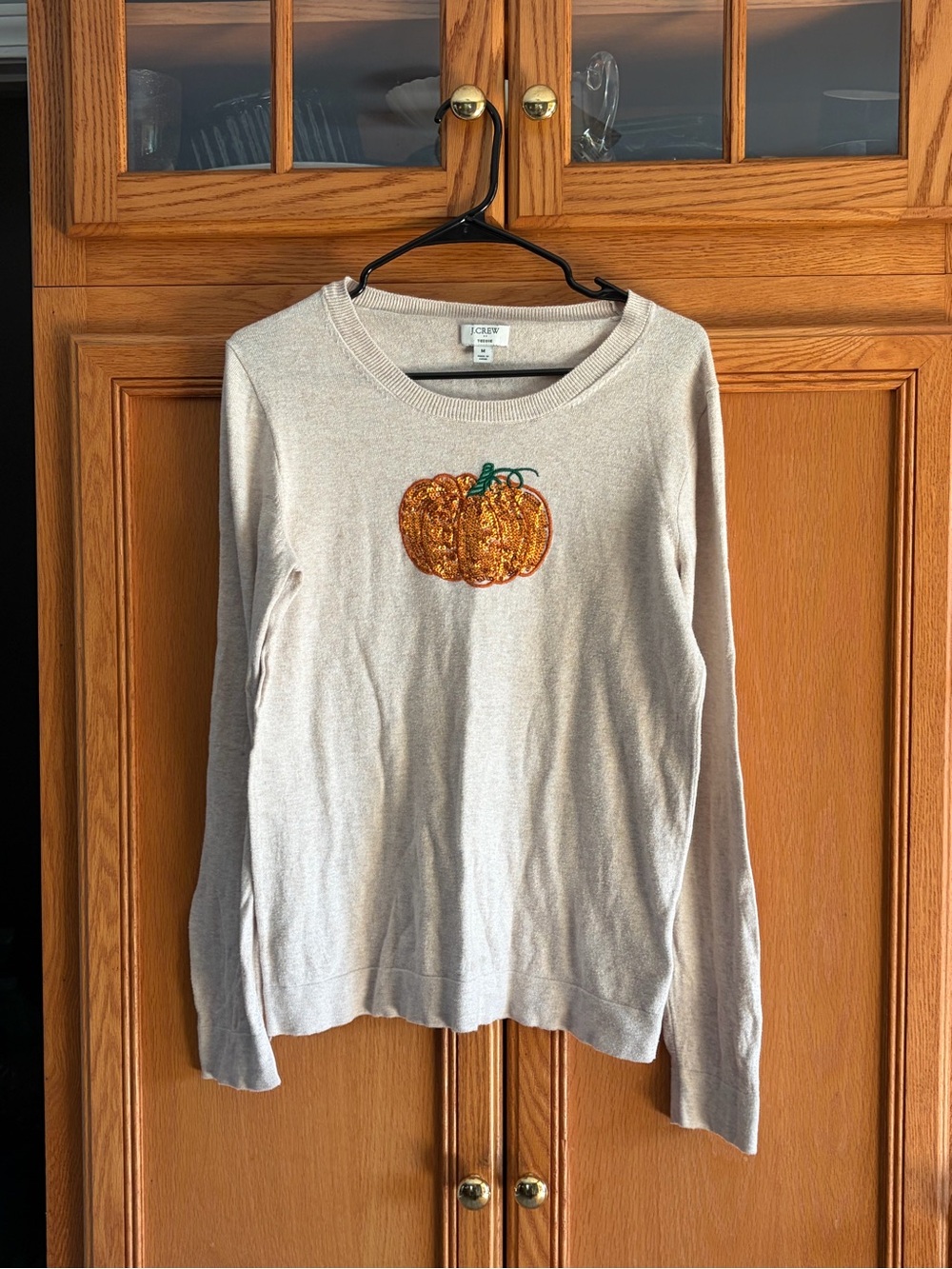 J. Crew Halloween Cream Sweater w/Sequined Orange Pumpkin Motif size medium